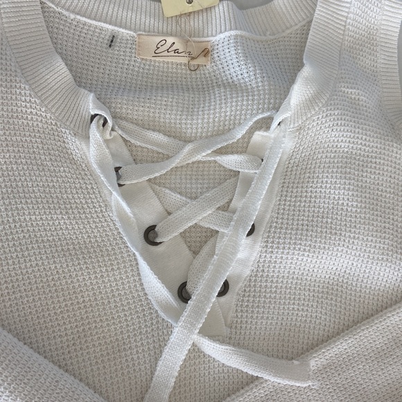 Open shoulder cream knit lace up sweater!  So cute and perfect for fall! - Picture 3 of 6